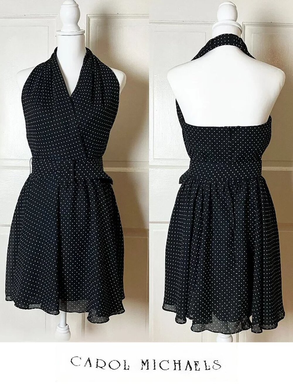 Vintage Carol Michaels Halter Mini Dress | Black w/White Polka Dot Size 6 | EUC